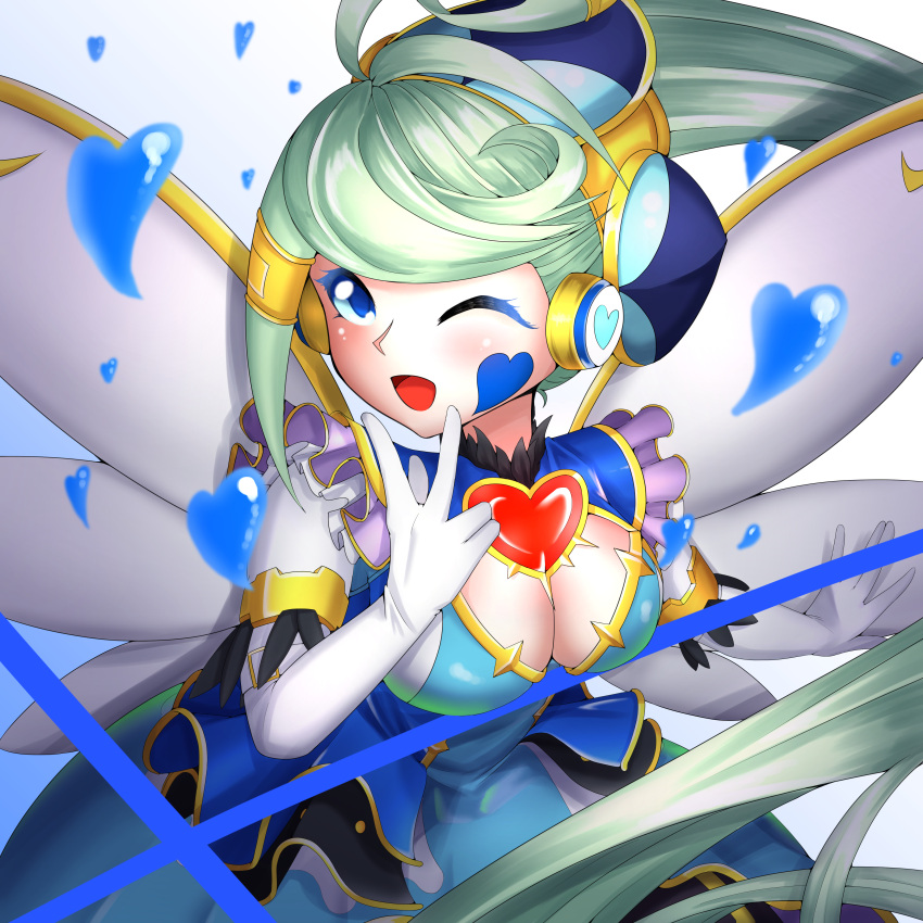 1girl, blonde_hair, blue_dress, blue_eyes, breasts, cleavage, cleavage_cutout, dress