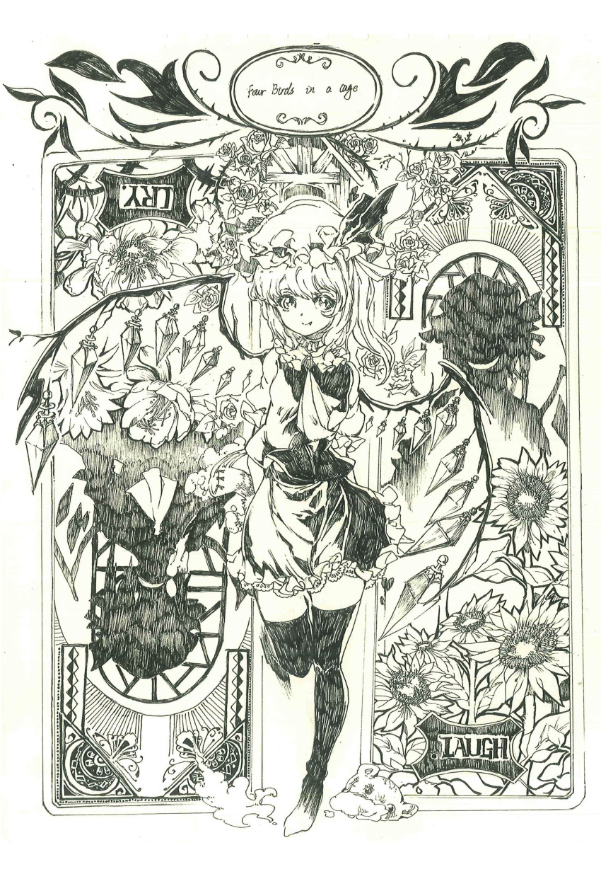 absurdres, ascot, crying, crystal, dual_persona, fang, flandre_scarlet, flower