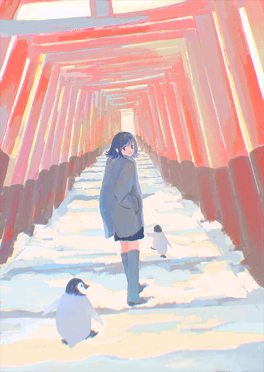 1girl, bird, black_hair, boots, grey_footwear, grey_shirt, hand_in_pocket, highres, long_sleeves, nengajou, new_year, original, penguin, shirt, short_hair, solo, tabi_(tabisumika), torii, vanishing_point, wide_shot