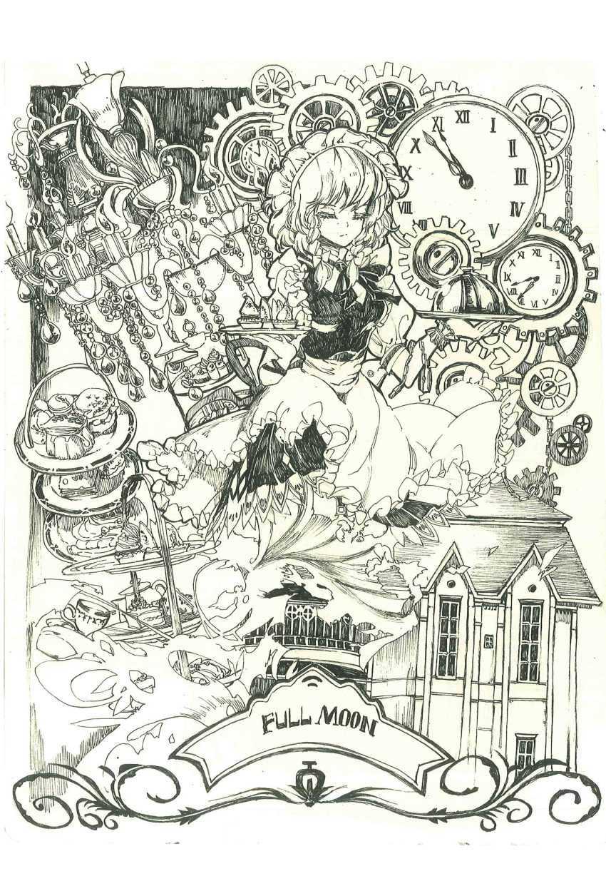 1girl, absurdres, braid, chain, chandelier, clock, clockwork, closed_eyes, cup, expressionless, food, gears, highres, holding, holding_tray, izayoi_sakuya, lan_chuan_huo_dao, maid, medium_hair, monochrome, pastry, pen_(medium), pocket_watch, roman_numeral, scarlet_devil_mansion, serving_dome, skirt, solo, teacup, time_clock, touhou, tray, twin_braids, watch