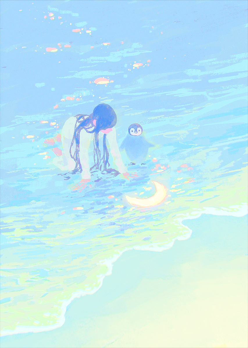 1girl, barefoot, bird, black_hair, crescent, dress, highres, long_hair