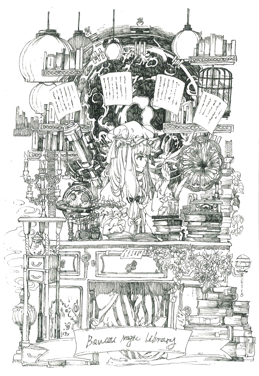 1girl, absurdres, antique_telephone, bagua, bird, book, book_stack, bookmark