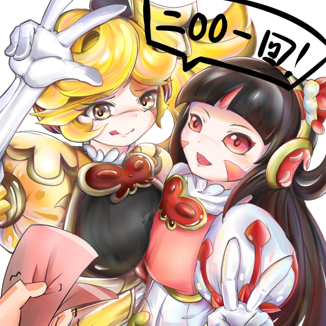 2girls, blonde_hair, breasts, cleavage, cleavage_cutout, dress, duel_monster, elbow_gloves