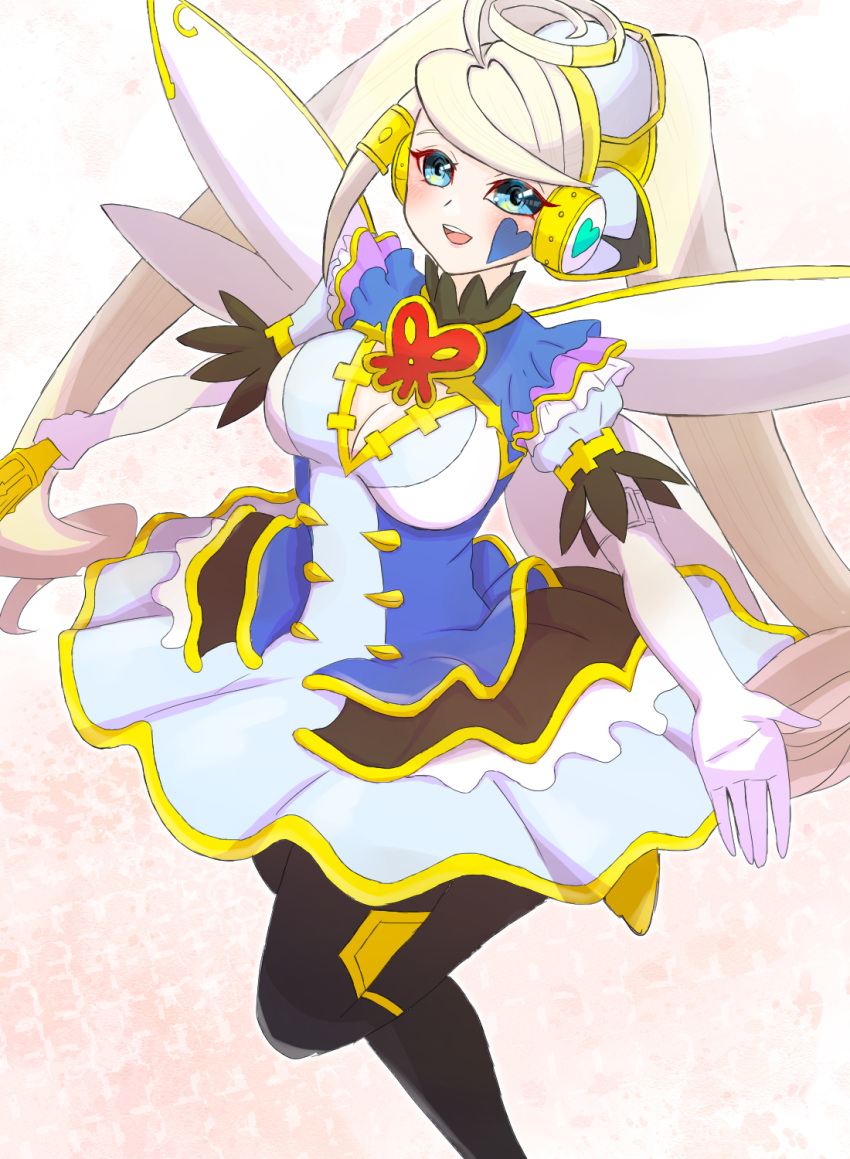 1girl, blonde_hair, blue_dress, blue_eyes, breasts, cleavage, cleavage_cutout, dress