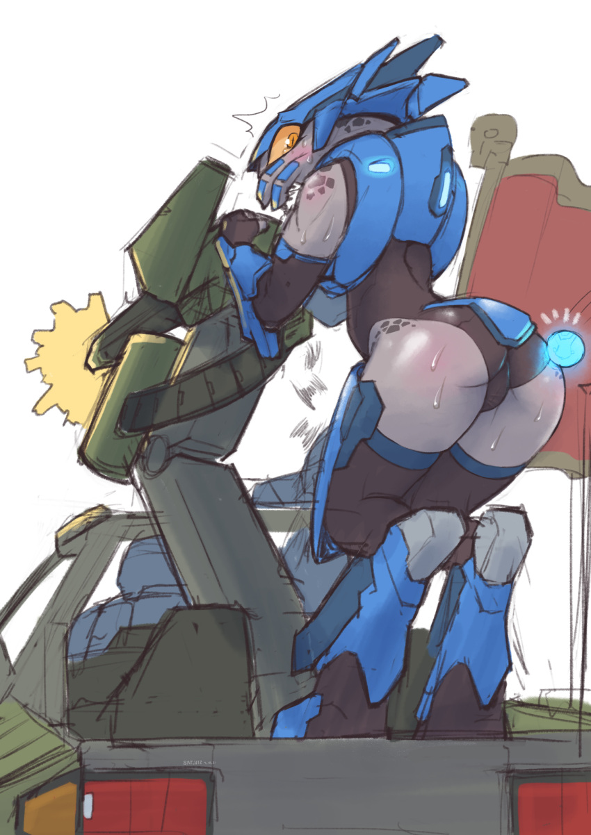 1girl, alien, armor, ass, black_leotard, car, colored_sclera, explosive