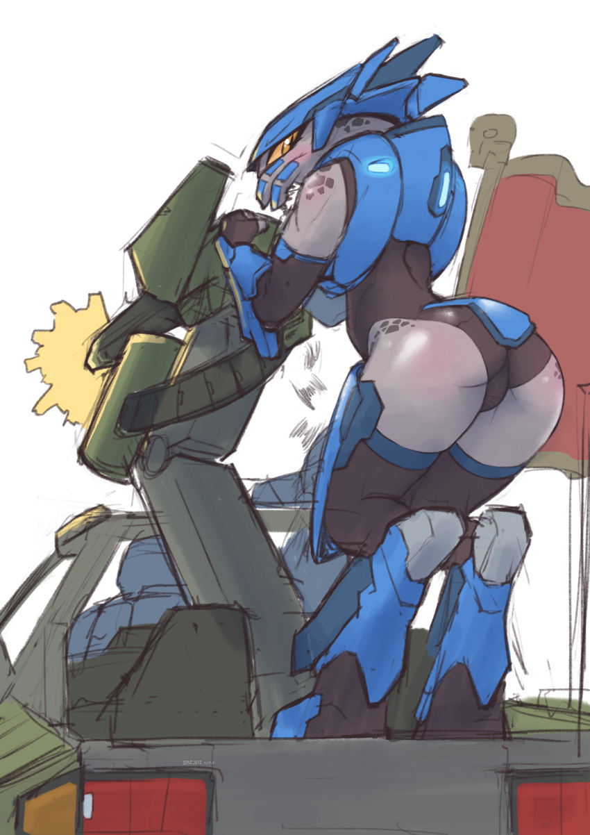 1girl, alien, armor, ass, black_leotard, car, colored_sclera, firing