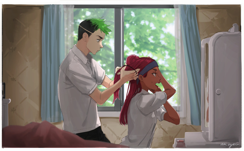 1boy, 1girl, 2gou, absurdres, alternate_costume, apex_legends, black_pants, collared_shirt