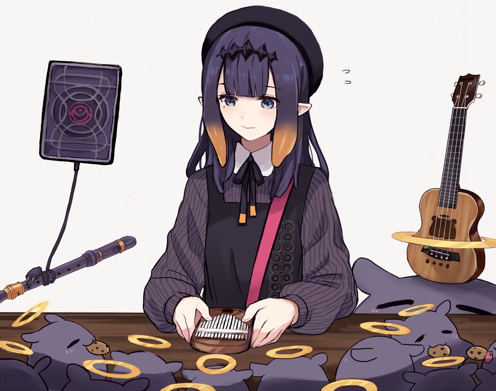 1girl, :3, acoustic_guitar, ao-chan_(ninomae_ina'nis), bangs, beret, black_dress, black_headwear, black_ribbon, blue_eyes, blush, cable, closed_mouth, collared_shirt, commentary, cookie, dress, flying_sweatdrops, food, gradient_hair, guitar, halo, hat, hololive, hololive_english, instrument, kalimba, long_sleeves, mole, mole_under_eye, multicolored_hair, neck_ribbon, ninomae_ina'nis, octopus, pink_bag, pointy_ears, puffy_long_sleeves, puffy_sleeves, purple_shirt, recorder, ribbon, shirt, sidelocks, simple_background, sleeveless, sleeveless_dress, striped, striped_shirt, symbol-only_commentary, table, tablet_pc, tako_(ninomae_ina'nis), tentacle_hair, tiara, virtual_youtuber, yuuyu_(777)