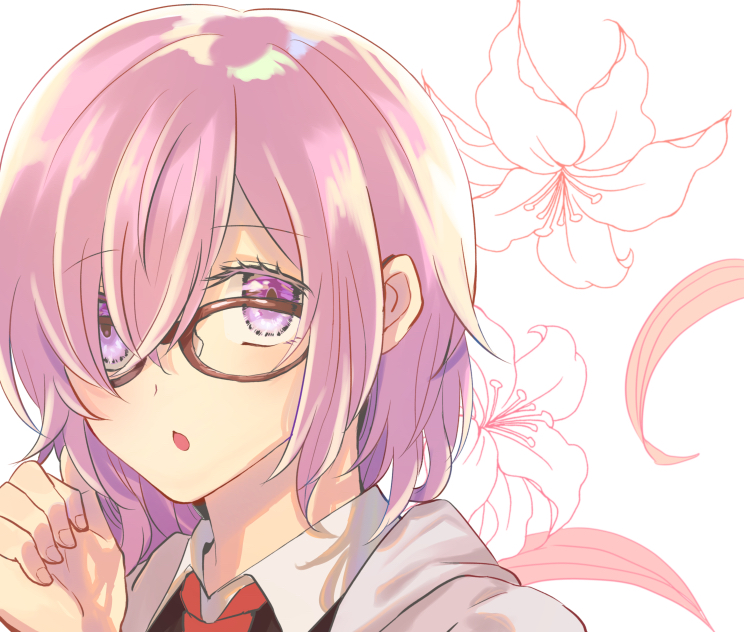 1girl, bangs, bare_shoulders, black-framed_eyewear, black_dress, blush, breast_pocket, breasts, collar, collared_dress, dress, fate/grand_order, fate_(series), glasses, grey_jacket, hair_behind_ear, hair_over_one_eye, haniwa_yyi, jacket, mash_kyrielight, medium_breasts, necktie, pink_hair, pleated_dress, pocket, red_neckwear, short_hair, sleeveless, sleeveless_dress, solo, undressing, violet_eyes, wet, wet_clothes, wet_dress, wet_hair, wet_jacket, white_background, white_collar, wing_collar