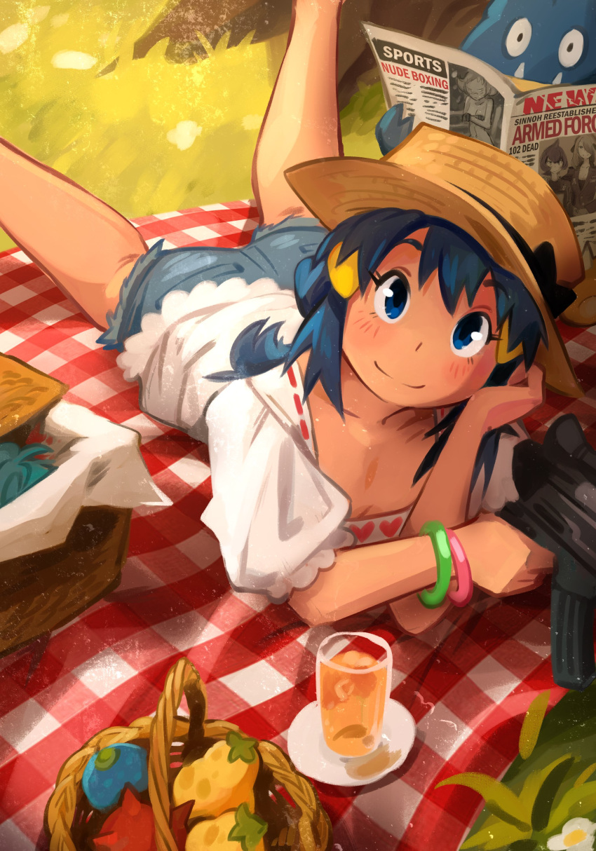 1girl, absurdres, alternate_costume, aqua_hair, baby_pokemon, bangle, basket, black_ribbon, blood, blood_stain, blue_eyes, blue_hair, blush, bracelet, character_print, checkered_blanket, closed_mouth, creatures_(company), cute, cynthia_(pokemon), day, denim, denim_shorts, disembodied_head, drink, english_commentary, english_text, eyebrows_visible_through_hair, food, from_above, fruit, game_freak, gen_4_pokemon, grass, gun, hair_between_eyes, hair_ornament, hat, hat_ribbon, heart, heart_print, highres, hikari_(pokemon), holding, holding_gun, holding_weapon, jewelry, khyle., kneepits, legs, light_particles, long_hair, looking_up, mars_(pokemon), maylene_(pokemon), munchlax, newspaper, nintendo, outdoors, picnic, pokemon, pokemon_(creature), pokemon_(game), pokemon_dppt, puffy_short_sleeves, puffy_sleeves, reading, ribbon, ribbon-trimmed_collar, ribbon_trim, shirt, short_shorts, short_sleeves, shorts, sidelocks, smile, spread_legs, straw_hat, tree, weapon, when_you_see_it, white_shirt