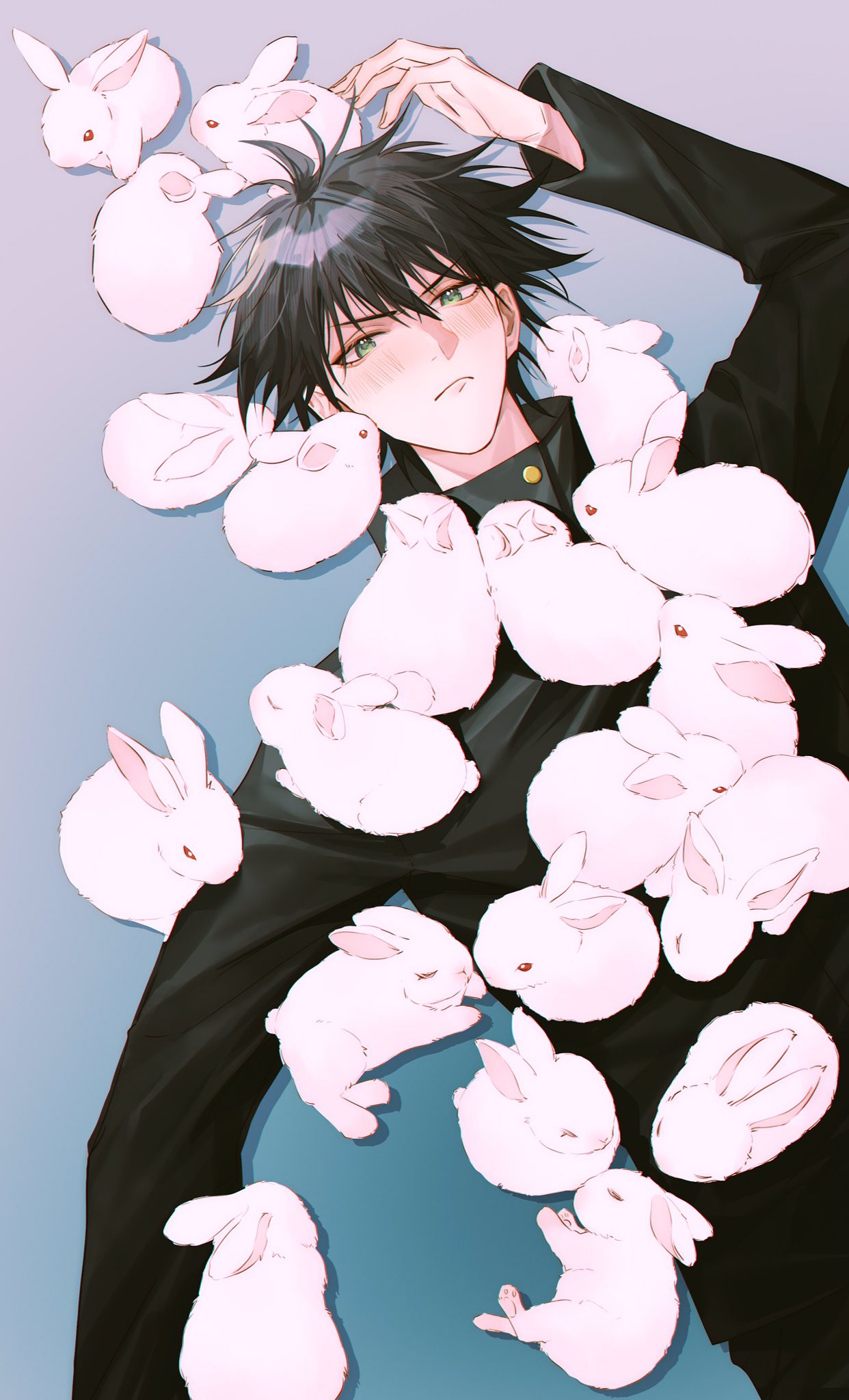 1boy, ahoge, albino, animal, arm_up, bangs, black_hair, black_jacket, black_pants, closed_mouth, cuddling, from_above, fushiguro_megumi, gakuran, green_eyes, hair_between_eyes, highres, jacket, jujutsu_kaisen, light_blush, long_sleeves, looking_at_viewer, lying, male_focus, on_back, outstretched_arm, pants, rabbit, school_uniform, serious, shark2049, short_hair, simple_background, sitting, sitting_on_person, sleeping, sleeping_on_person, solo_focus, two-tone_background, upper_body