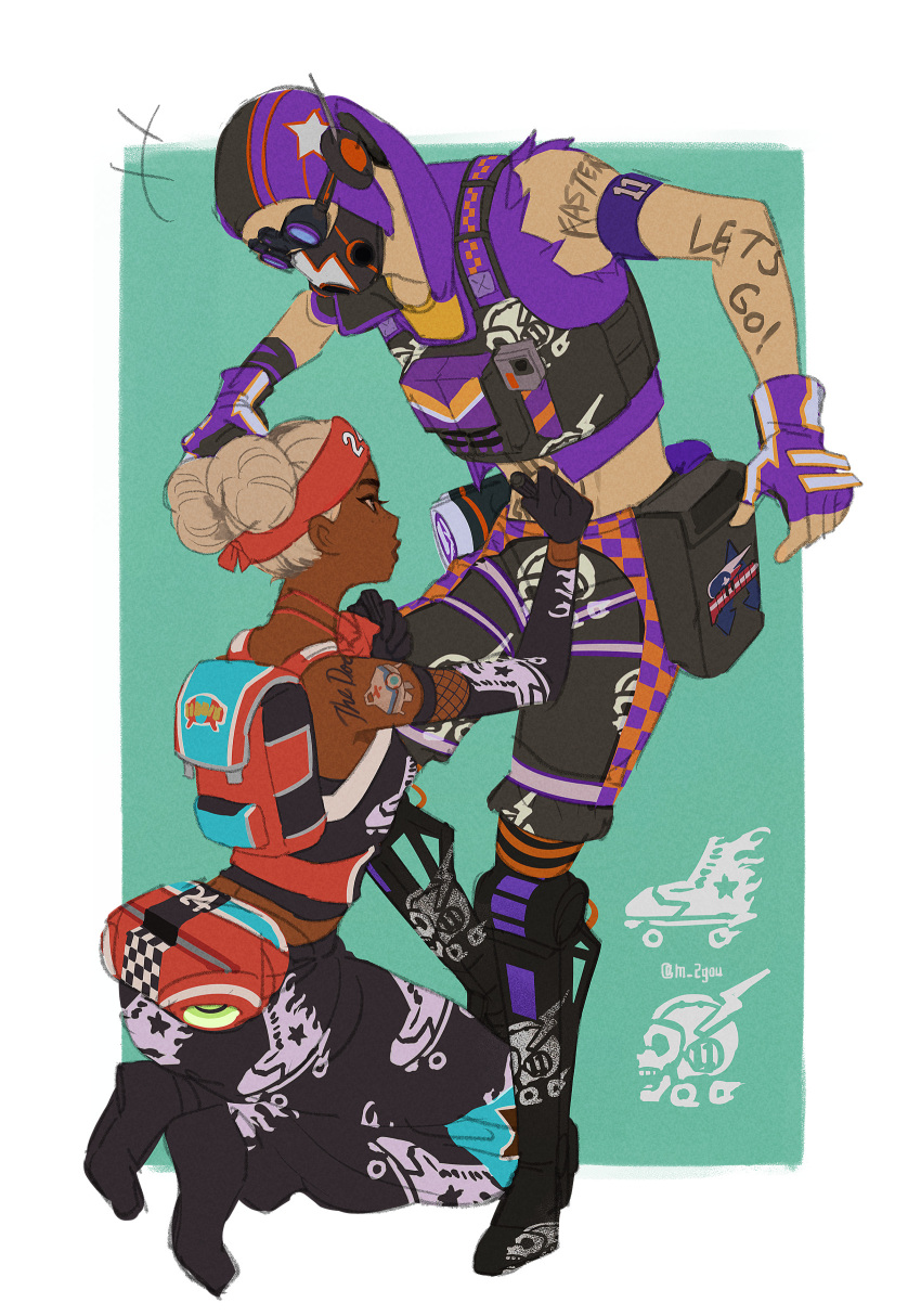 1boy, 1girl, 2gou, absurdres, apex_legends, aqua_background, arm_tattoo, backpack