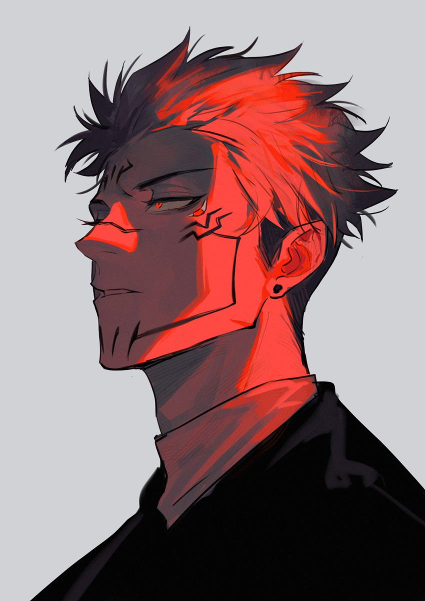 1boy, ear_piercing, expressionless, extra_eyes, facial_mark, from_side, grey_background, highres, japanese_clothes, jujutsu_kaisen, looking_ahead, male_focus, monochrome, piercing, profile, red_eyes, ryoumen_sukuna_(jujutsu_kaisen), shark2049, short_hair, simple_background, solo, spiky_hair, undercut