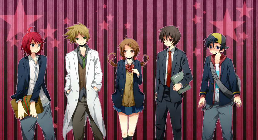4boys, alternate_costume, backwards_hat, black_eyes, black_hair, blush, book, bow