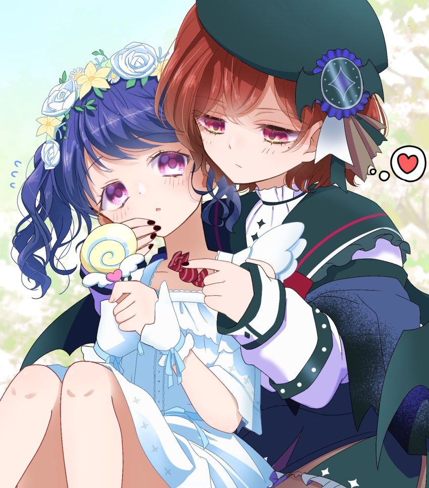 2girls, angel_wings, bangs, bat_wings, beret, black_hair, black_nails, brown_hair