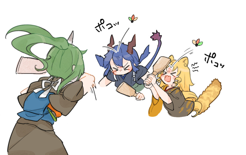 >_<, 3girls, animal_ears, arknights, black_kimono, blonde_hair, blue_hair, brown_kimono