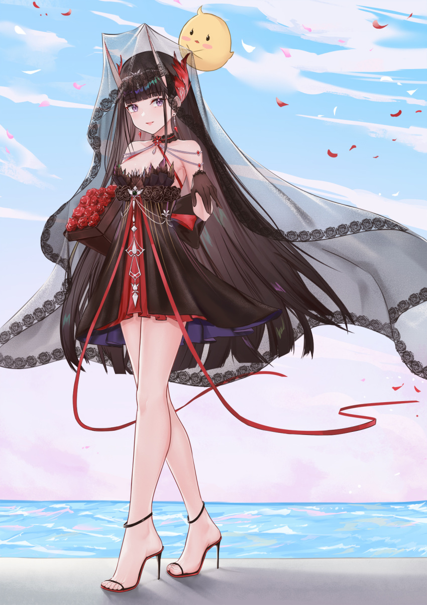 1girl, azur_lane, bangs, bare_legs, black_dress, black_gloves, black_hair, blunt_bangs