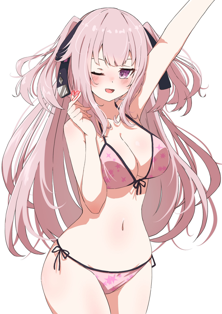1girl, absurdres, alien, arm_up, barefoot, bikini, breasts, front-tie_bikini