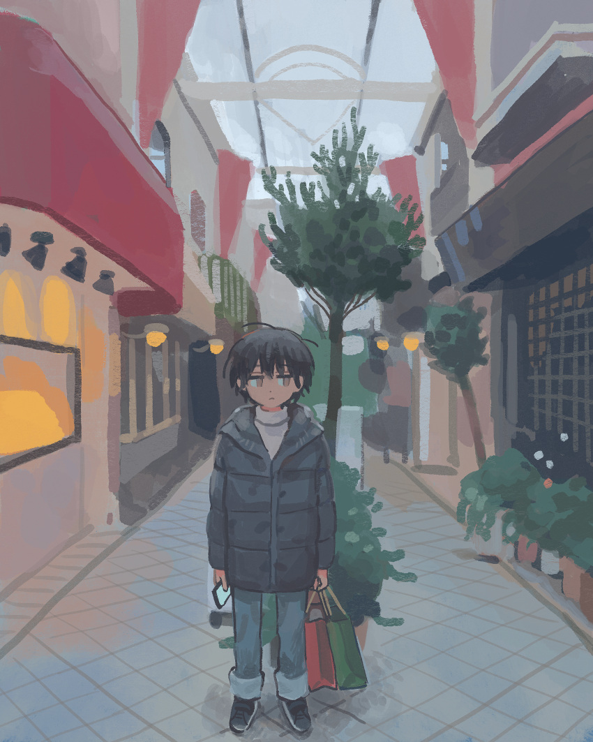 1girl, absurdres, bag, black_coat, black_footwear, black_hair, brown_eyes, cellphone