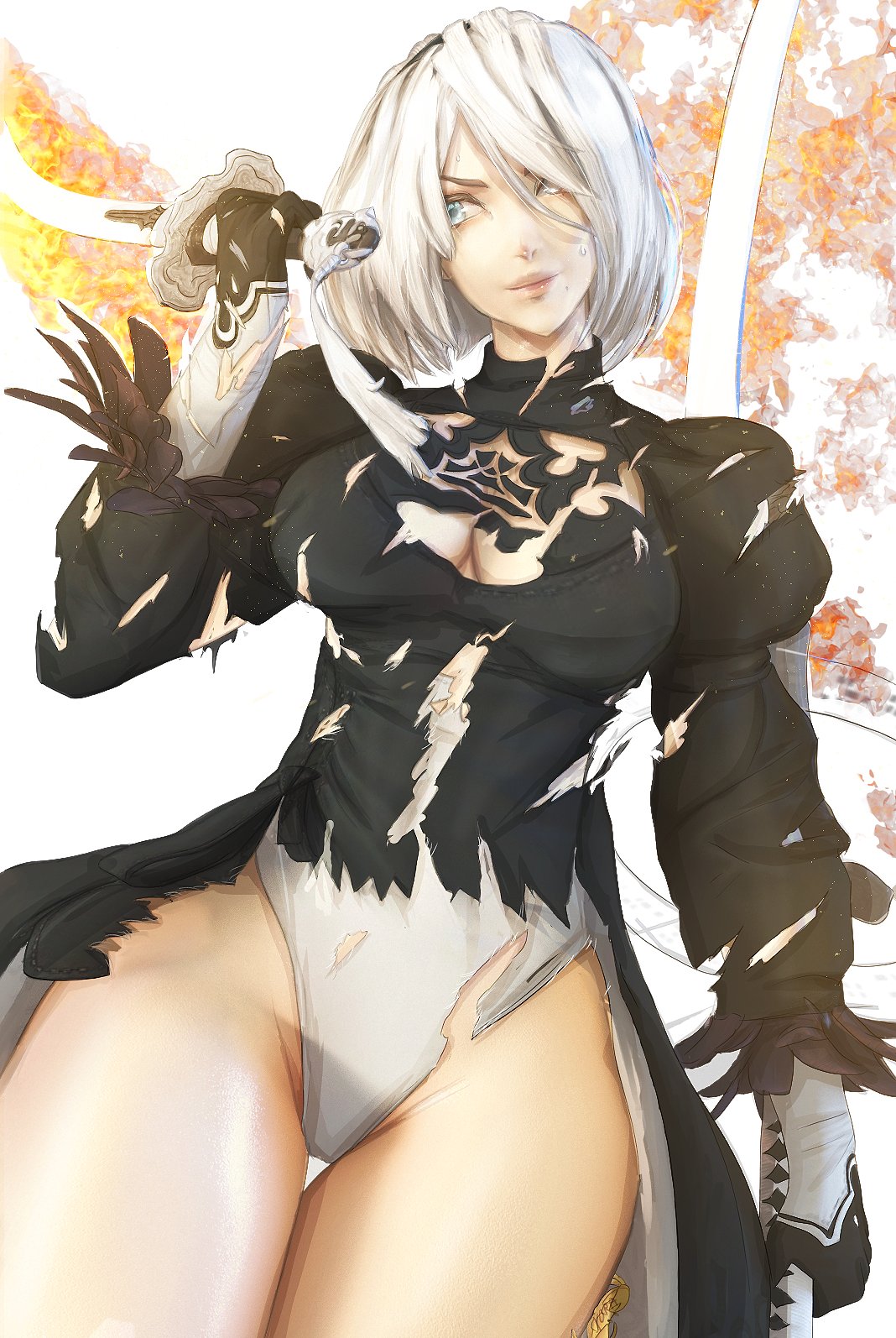 1girl, black_dress, breasts, cropped_legs, dress, feather-trimmed_sleeves, feather_trim, flaming_sword