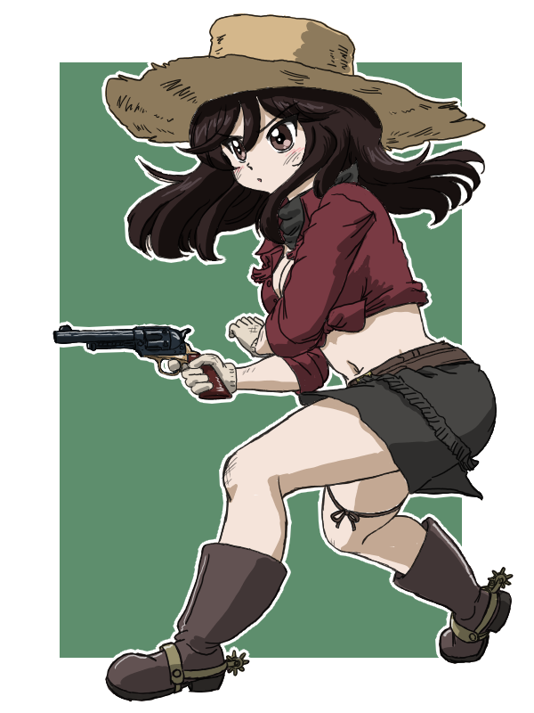 1girl, aiming, belle_(girls_und_panzer), black_footwear, black_hair, black_skirt, boots, brown_eyes