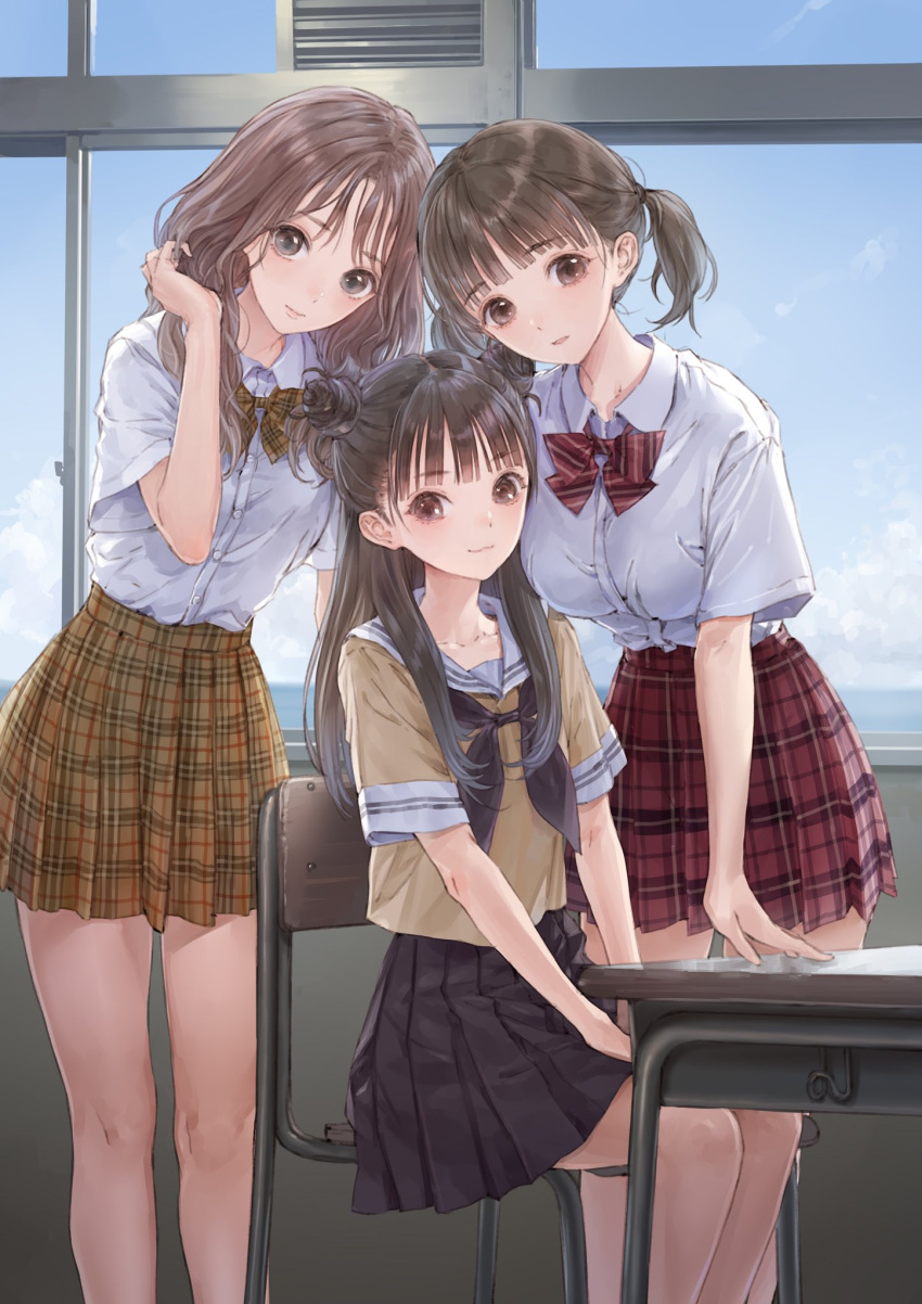 3girls, blue_reflection, blue_reflection_tie, brown_eyes, brown_hair, desk, double_bun, eyebrows_visible_through_hair