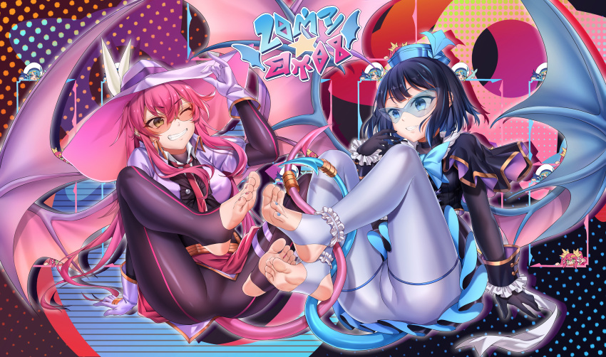 2girls, absurdres, blue-tinted_eyewear, blue_eyes, blue_hair, breasts, cropped_vest, duel_monster