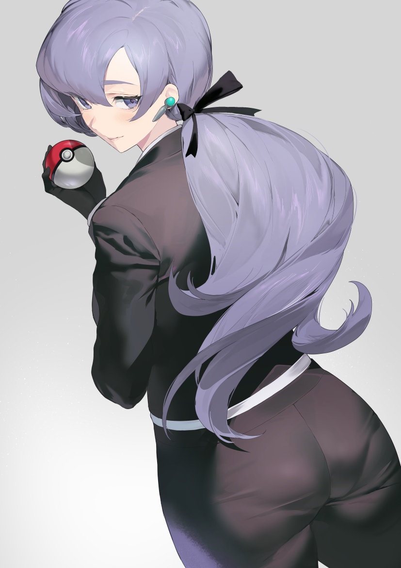 1girl, anabel_(pokemon), ass, black_gloves, black_jacket, black_pants, black_ribbon, closed_mouth