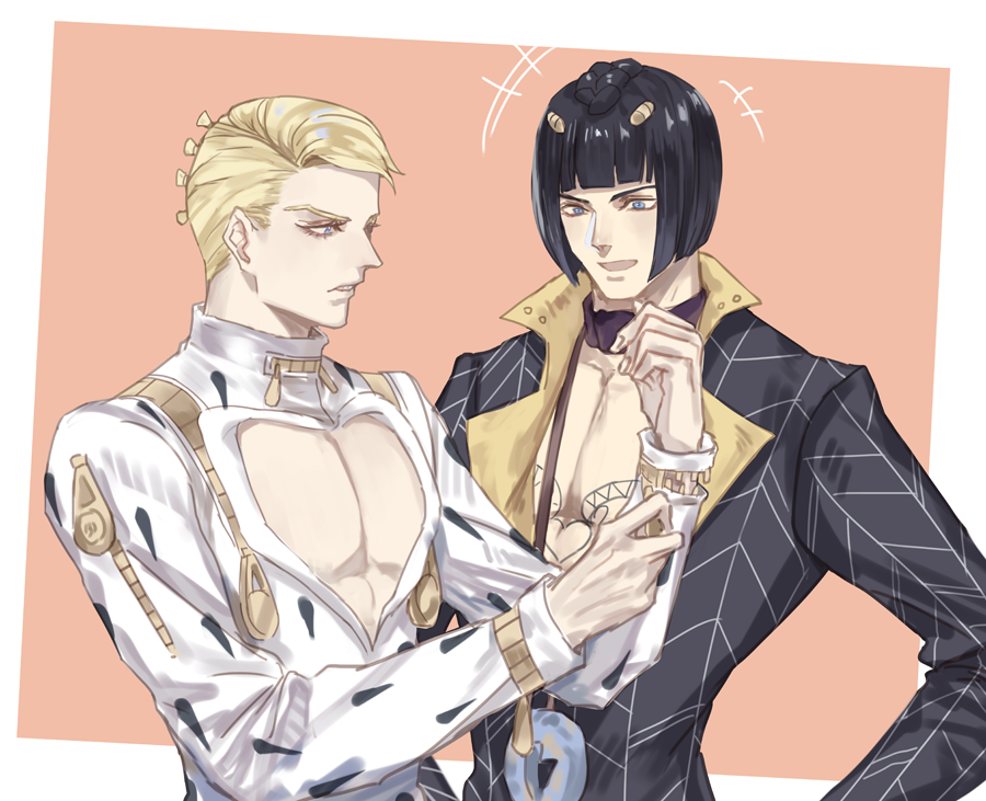 2boys, black_hair, blonde_hair, blue_eyes, bob_cut, bruno_buccellati, bruno_buccellati_(cosplay), cleavage_cutout