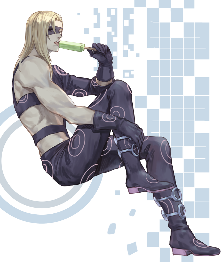 1boy, blonde_hair, domino_mask, eating, food, gloves, jojo_no_kimyou_na_bouken, licking