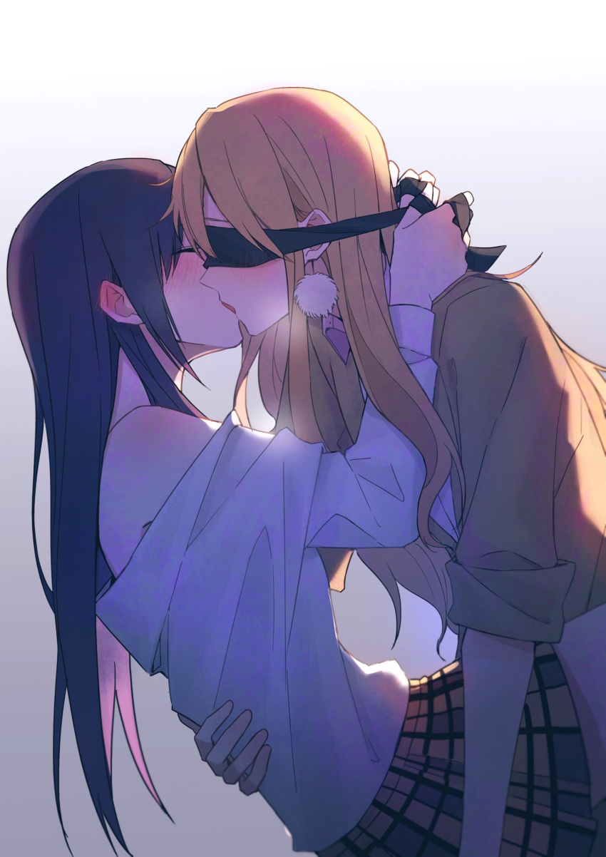 2girls, aihara_mei, aihara_yuzu, black_hair, blindfold, blush, citrus_(saburouta), closed_eyes