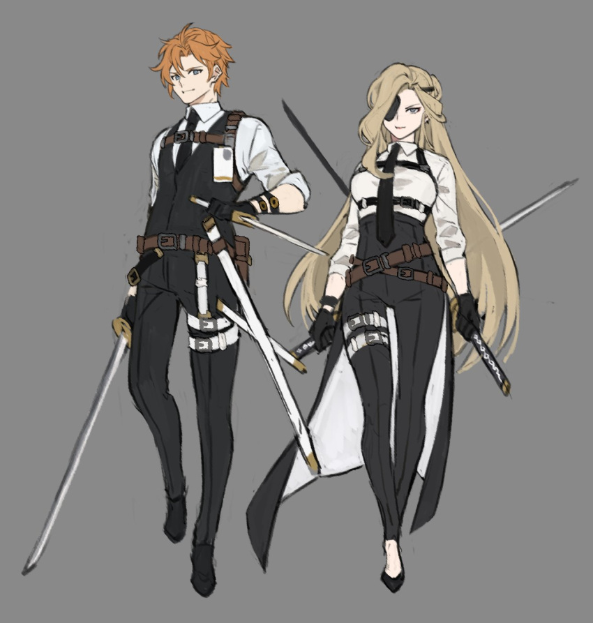 1boy, 1girl, alternate_costume, bangs, belt, black_footwear, black_necktie, black_pants