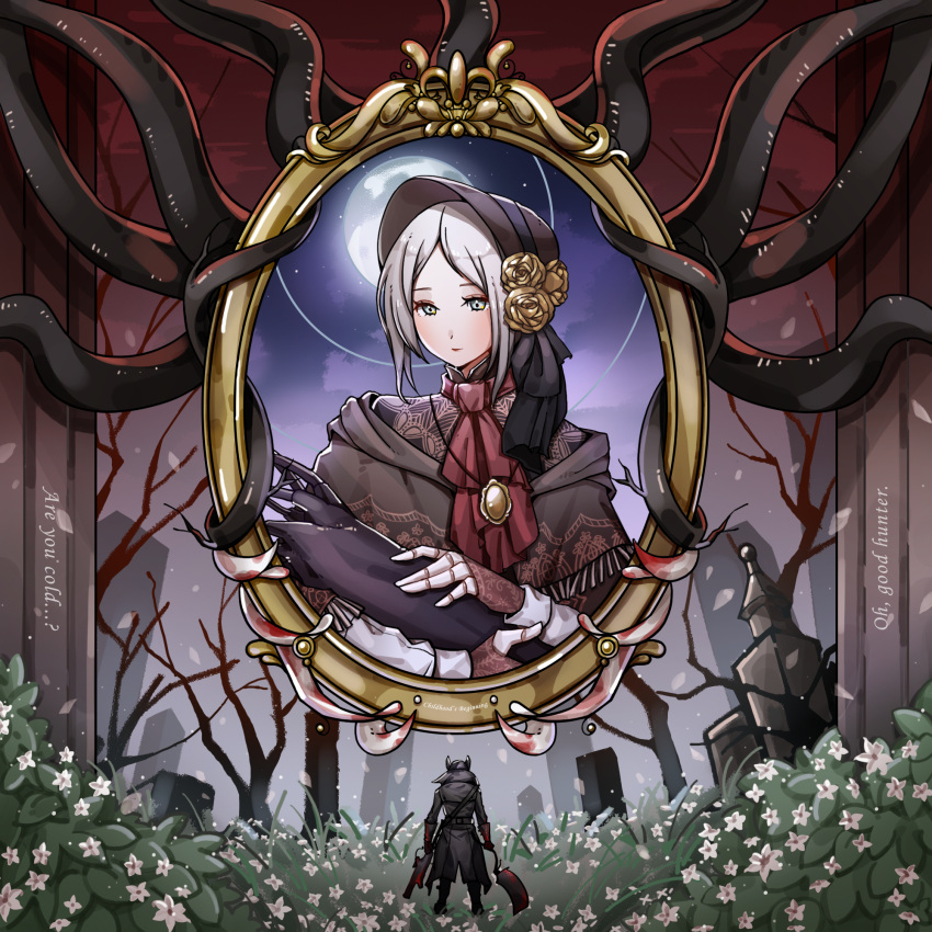 1girl, 1other, ambiguous_gender, ascot, back, bangs, black_headwear, black_jacket, blood, blood_on_weapon, bloodborne, bonfire01, bonnet, brooch, brown_cloak, cloak, closed_mouth, creature, doll_joints, eldritch_abomination, english_text, flower, forehead, from_behind, full_body, grass, grave, grey_eyes, gun, hat, hat_flower, highres, holding, holding_creature, holding_gun, holding_weapon, hunter_(bloodborne), hunter_(great_one)_(bloodborne), jacket, jewelry, joints, leaf, long_sleeves, moon, night, night_sky, parted_bangs, picture_frame, plain_doll, plant, red_ascot, rose, saw_cleaver, short_hair, silver_hair, sky, smile, symbol-only_commentary, tentacles, tombstone, tree, upper_body, weapon, white_flower, yellow_flower, yellow_rose