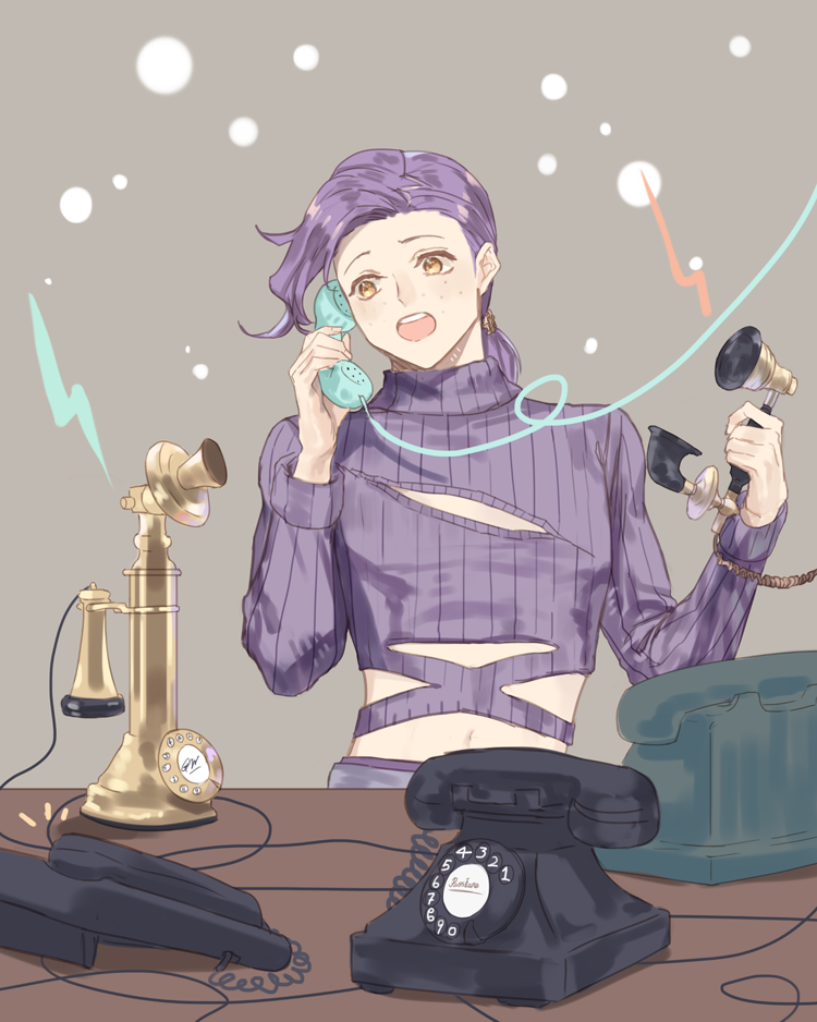 1boy, candlestick_phone, cleavage_cutout, clothing_cutout, freckles, holding, holding_phone, jojo_no_kimyou_na_bouken, long_hair, male_focus, phone, purple_hair, rotary_phone, solo, sweater, table, vento_aureo, vinegar_doppio, yellow_eyes, yepnean