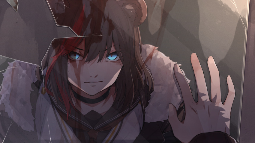 1girl, absurdres, animal_ears, arknights, bear_ears, black_choker, black_sailor_collar, blood, blue_eyes, broken_mirror, brown_hair, choker, commentary_request, eyebrows_visible_through_hair, female_pov, fur_trim, highres, if_f, long_hair, long_sleeves, looking_at_mirror, looking_at_viewer, mirror, multicolored_hair, neckerchief, parted_lips, pov, red_neckerchief, redhead, reflection, sailor_collar, school_uniform, scowl, serafuku, solo, streaked_hair, two-tone_hair, upper_body, v-shaped_eyebrows, zima_(arknights)