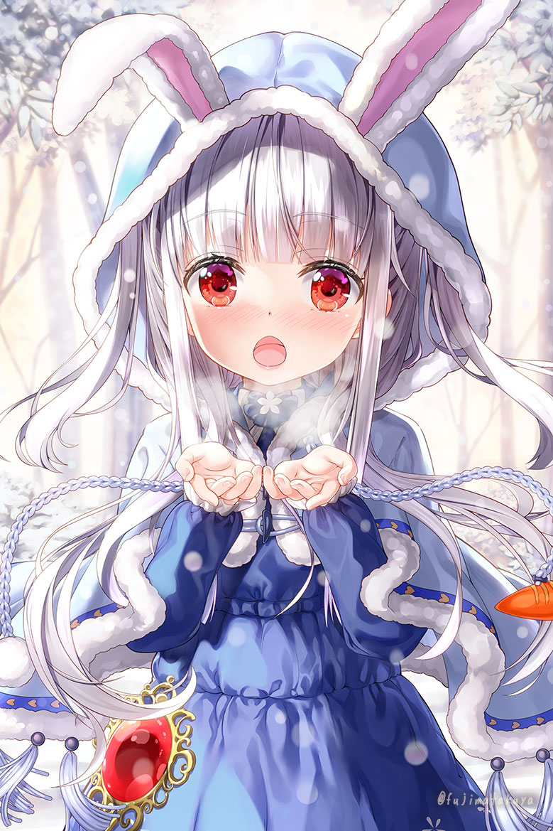 1girl, animal_ears, animal_hood, bangs, blue_capelet, blue_dress, blunt_bangs, capelet