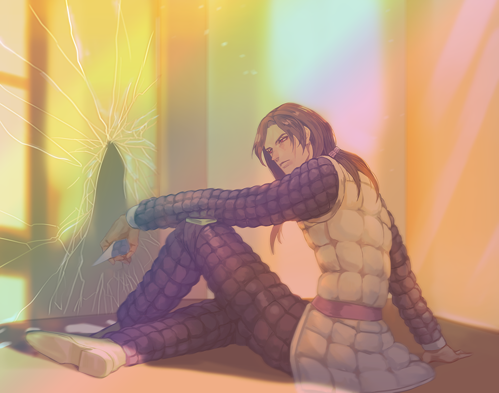 1boy, black_hair, broken_glass, glass, hex_tails, illuso, jojo_no_kimyou_na_bouken, male_focus