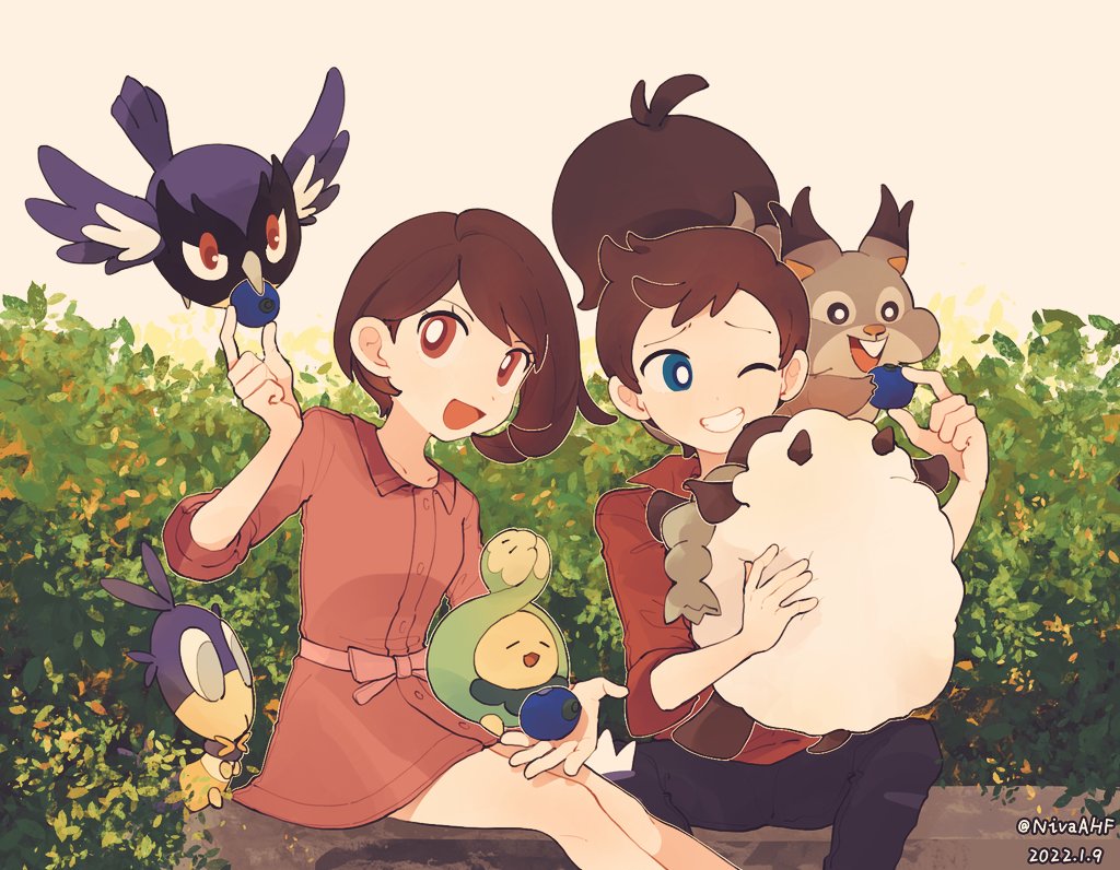 1boy, 1girl, :d, alternate_eye_color, bangs, berry_(pokemon), blipbug, blue_eyes