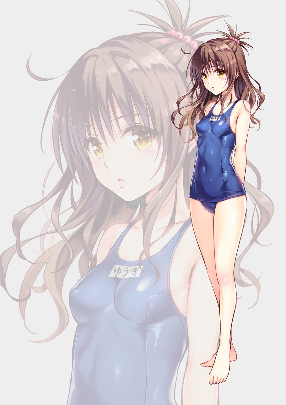 1girl, :o, arms_behind_back, bangs, bare_arms, bare_legs, bare_shoulders, barefoot, blue_swimsuit, blush, breasts, brown_hair, collarbone, commentary_request, competition_school_swimsuit, covered_navel, eyebrows_visible_through_hair, full_body, hair_bobbles, hair_ornament, highres, long_hair, looking_at_viewer, medium_breasts, name_tag, parted_lips, solo, standing, swimsuit, to_love-ru, very_long_hair, yabuki_kentarou, yellow_eyes, yuuki_mikan, zoom_layer