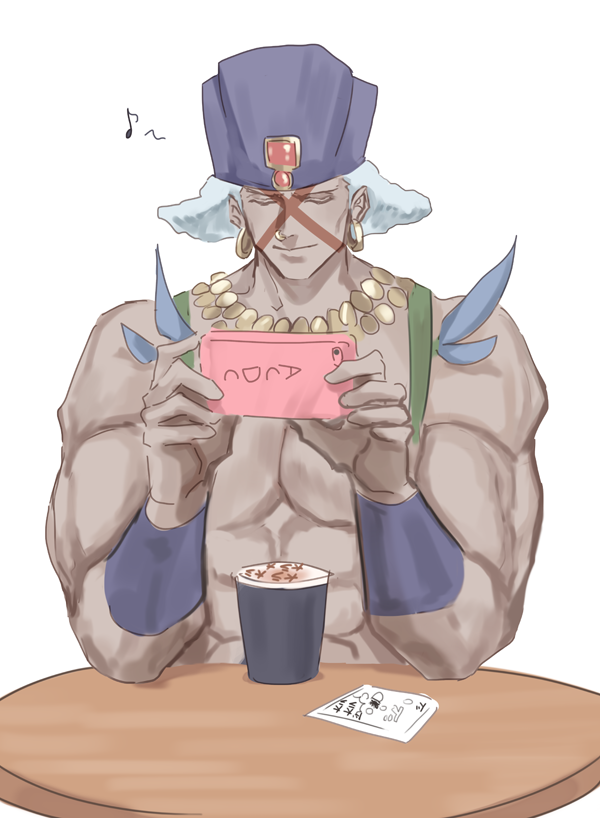 1boy, bracer, cellphone, drink, earrings, esidisi, facial_mark, grey_hair, hat, hot_cocoa, jewelry, jojo_no_kimyou_na_bouken, male_focus, musical_note, phone, smartphone, solo, suspenders, table, tan, white_hair, yepnean