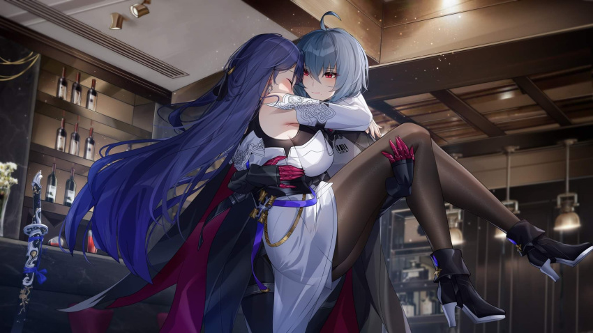 2girls, alcohol, bangs, bar, black_bodysuit, black_cape, black_footwear, black_hair