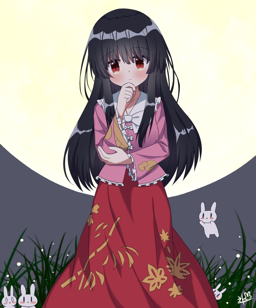 1girl, absurdres, animal, animal_ears, bamboo_print, bangs, black_eyes, black_hair