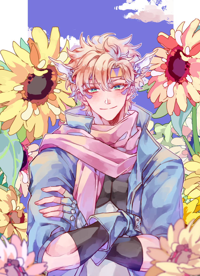 1boy, battle_tendency, blonde_hair, caesar_anthonio_zeppeli, crossed_arms, facial_mark, flower, green_eyes