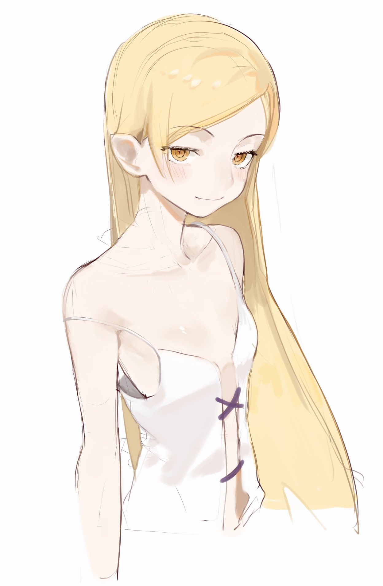 1girl, bare_shoulders, blonde_hair, blush, collarbone, dress, eyebrows_visible_through_hair, forehead