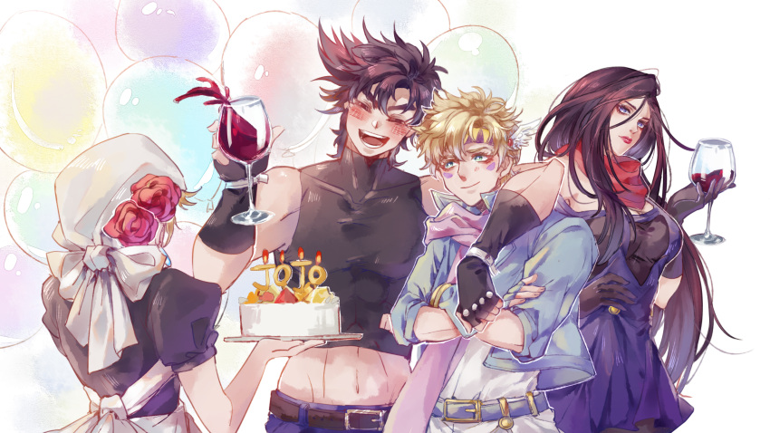 2boys, 2girls, absurdres, alcohol, apron, balloon, bandana, battle_tendency