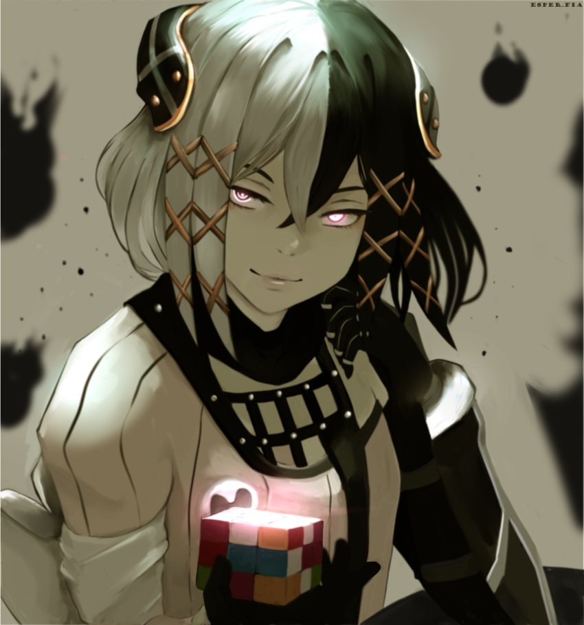 1girl, absurdres, artist_name, bangs, black_background, black_gloves, black_hair, breasts