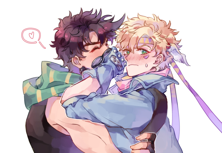 2boys, ^_^, battle_tendency, blonde_hair, blue_jacket, blush, brown_hair, caesar_anthonio_zeppeli