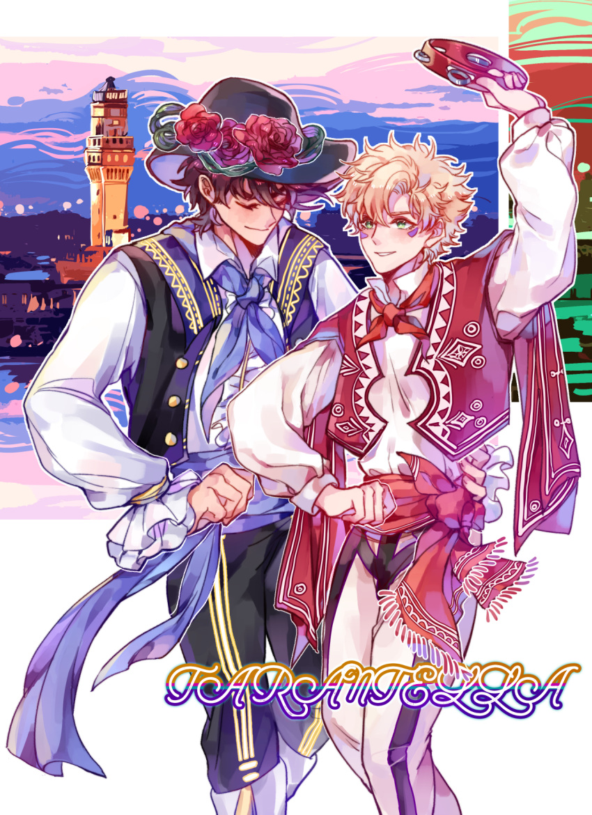 2boys, ascot, battle_tendency, blonde_hair, blue_eyes, caesar_anthonio_zeppeli, closed_eyes, dancing, facial_mark, flower, green_eyes, hat, hat_flower, headband, highres, instrument, italian_clothes, jojo_no_kimyou_na_bouken, joseph_joestar, joseph_joestar_(young), male_focus, multiple_boys, sash, sky_kiki, tambourine, vest