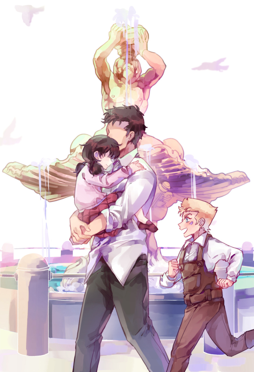 1girl, 2boys, battle_tendency, blonde_hair, brown_hair, caesar_anthonio_zeppeli, child, facial_mark, fountain, green_eyes, highres, jojo_no_kimyou_na_bouken, mario_zeppeli, multiple_boys, sky_kiki, twintails, younger