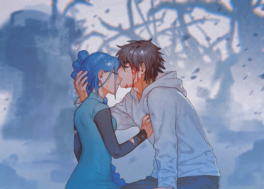 1boy, 1girl, bags_under_eyes, bangs, black_shorts, black_sleeves, blood, blood_on_face, blue_hair, blurry, blurry_background, braid, braided_ponytail, breasts, brown_hair, china_dress, chinese_clothes, chinese_commentary, closed_mouth, commentary_request, dress, from_side, godzillapigeon1, green_dress, hand_in_another's_hair, hand_on_another's_cheek, hand_on_another's_face, hand_on_another's_head, hand_up, hetero, highres, hood, hood_down, hooded_shirt, kiss, layered_sleeves, leaning_forward, long_hair, long_sleeves, medium_breasts, parted_lips, profile, rubble, scissor_seven, scratches, seven_(scissor_seven), shiny, shiny_hair, shirt, short_hair, short_over_long_sleeves, short_sleeves, shorts, side_ponytail, single_braid, sitting, thick_eyebrows, thirteen_(scissor_seven), tied_hair, torn_clothes, torn_sleeves, very_long_hair, white_shirt